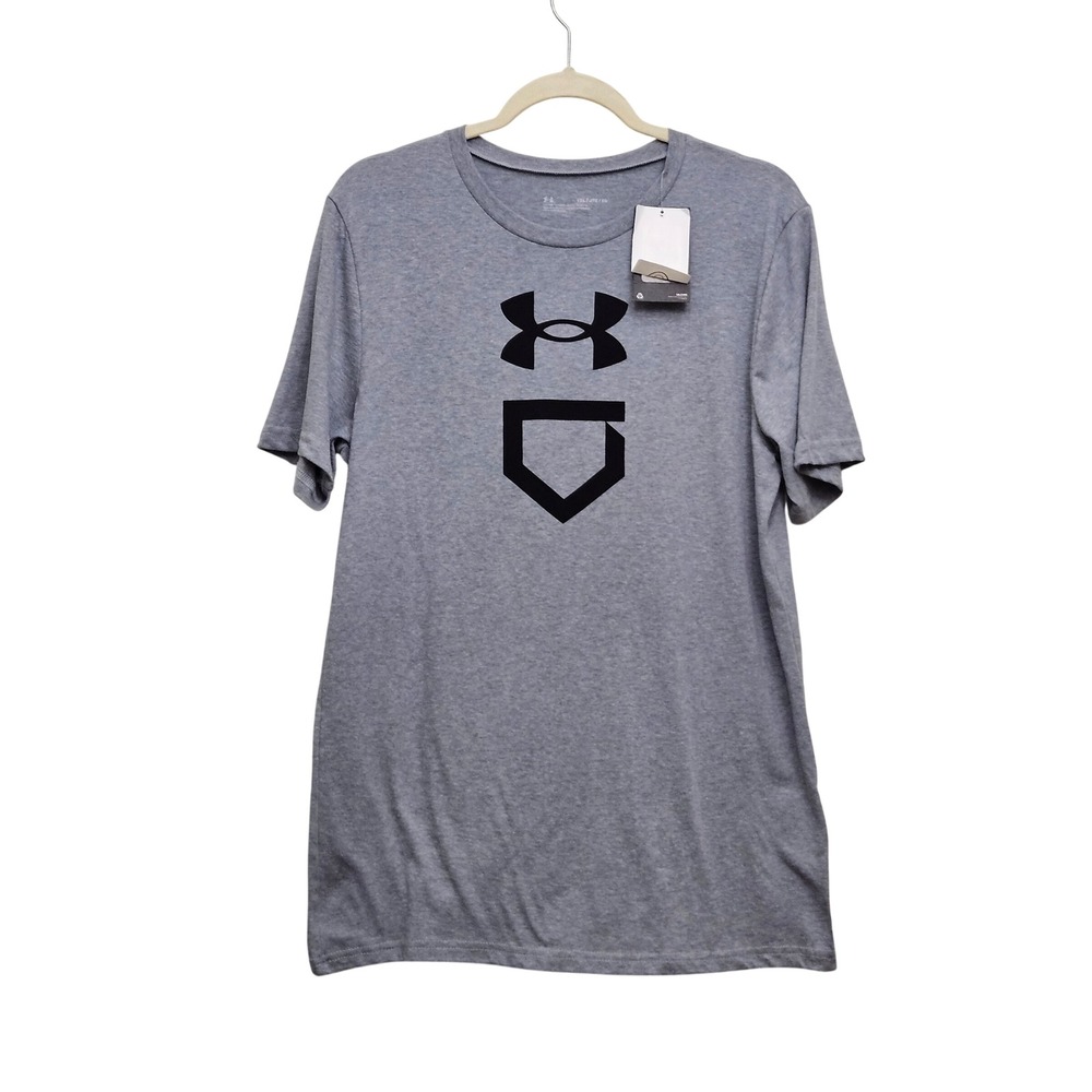 Under Armour T-Shirt Mens Medium Gray Home Plate Logo Athletic Graphic Tee‎